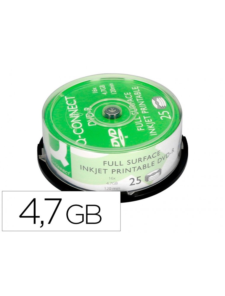 Dvd-r q-connect con superficie 100 imprimible para inkjet capacidad 4,7gb duracion 120mivelocidad 16x bote de 25 unid