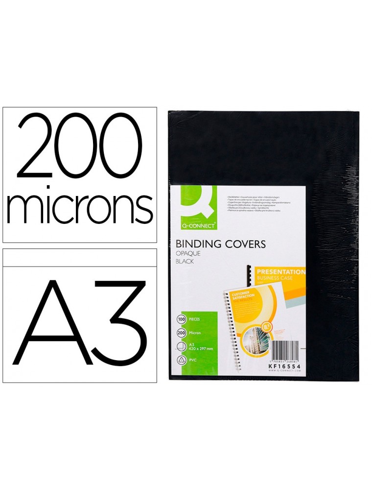 Tapa de encuadernacion q-connect pvc din a3 opaca negra 200 mc caja de 100 unidades