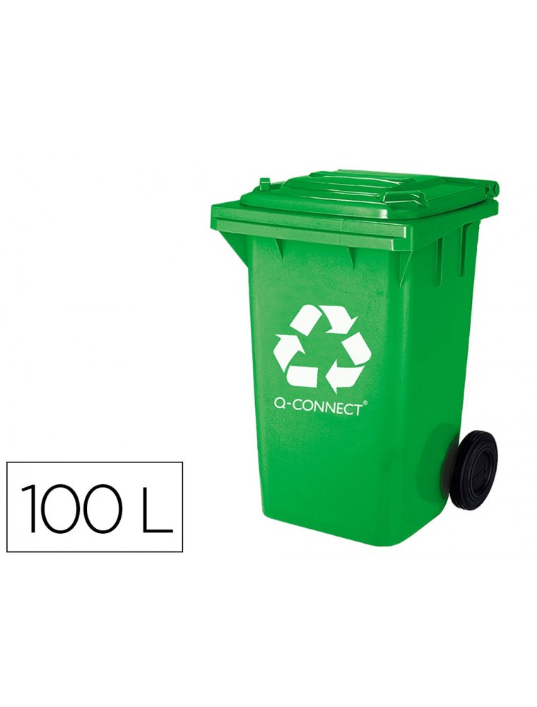 Papelera contenedor q-connect plastico verde para envases de vidrio 100l con tapa y ruedas 750x470x370 mm