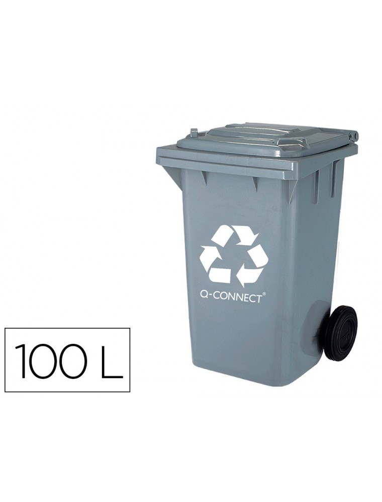 Papelera contenedor q-connect plastico gris para deshechos en general 100 l con tapa y ruedas 750x470x370 mm