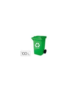 Papelera contenedor q-connect plastico verde para envases de vidrio 100l con tapa y ruedas 750x470x370 mm