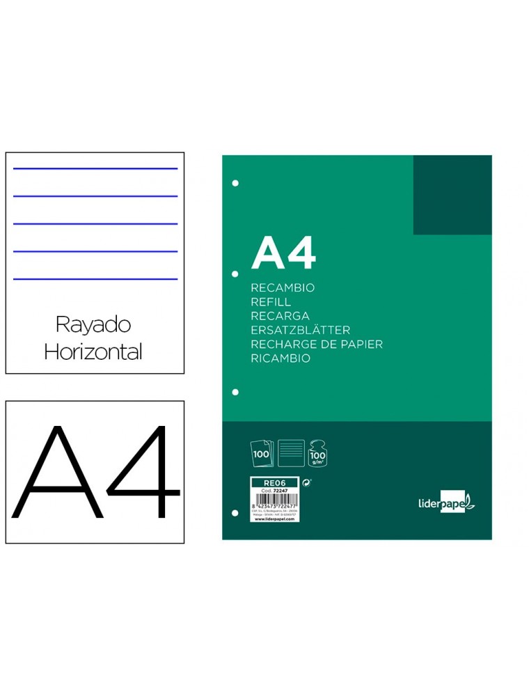 Recambio liderpapel a4 100 hojas 100 gm2 rayado horizontal 4 taladros bandas de 5 colores