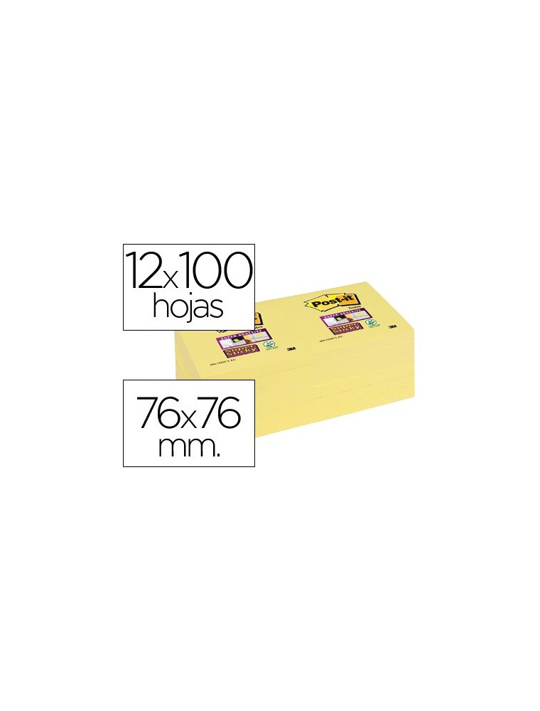 Bloc de notas adhesivas quita y pon post-it super sticky 76x76 mm con 12 bloc amarillo canario