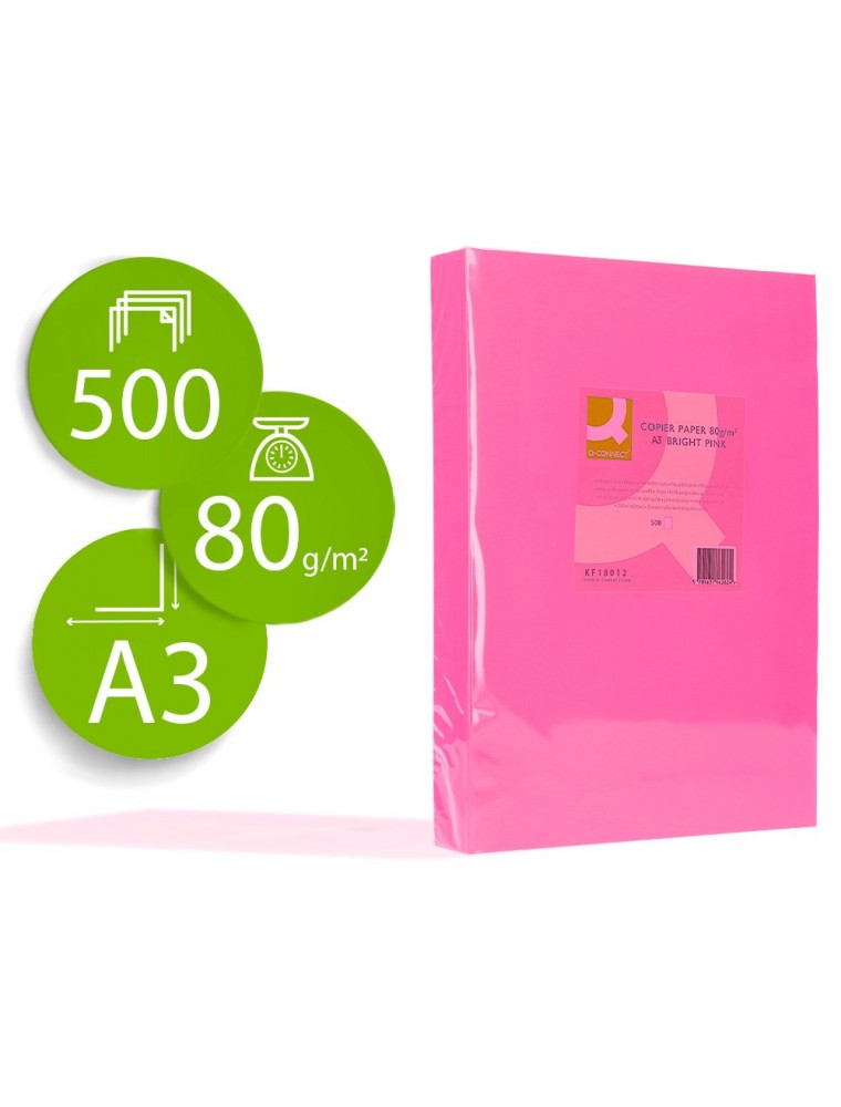 Papel color q-connect din a3 80gr rosa intenso paquete de 500 hojas