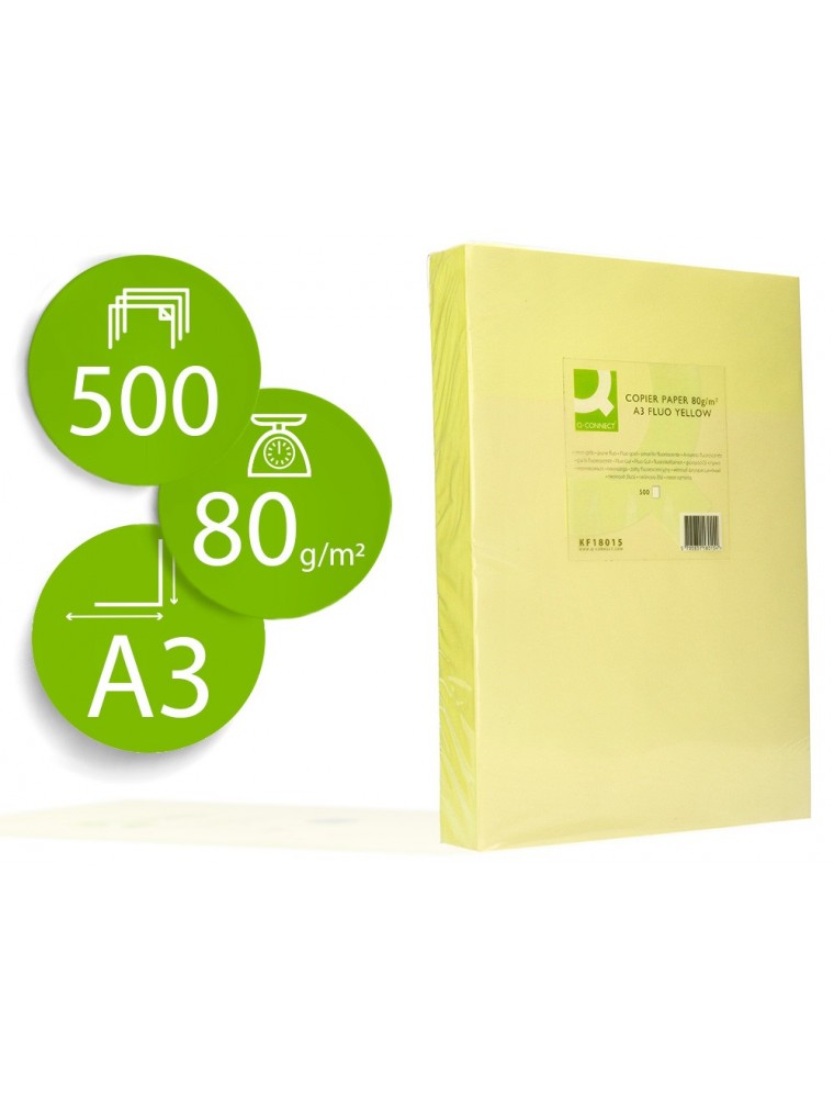 Papel color q-connect din a3 80gr amarillo neon paquete de 500 hojas