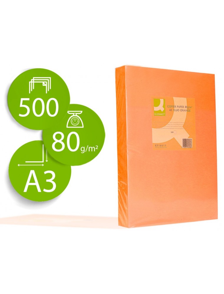 Papel color q-connect din a3 80gr naranja neon paquete de 500 hojas