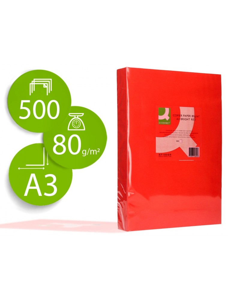 Papel color q-connect din a3 80gr rojo intenso paquete de 500 hojas