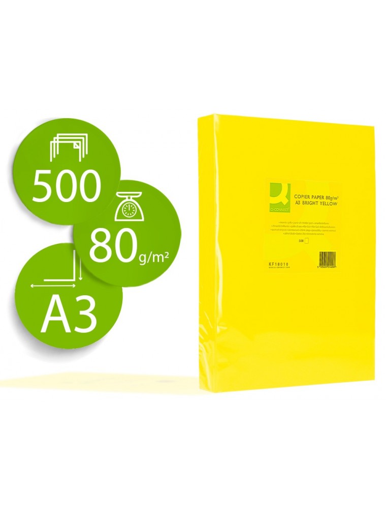 Papel color q-connect din a3 80 gr amarillo intenso paquetede 500 hojas