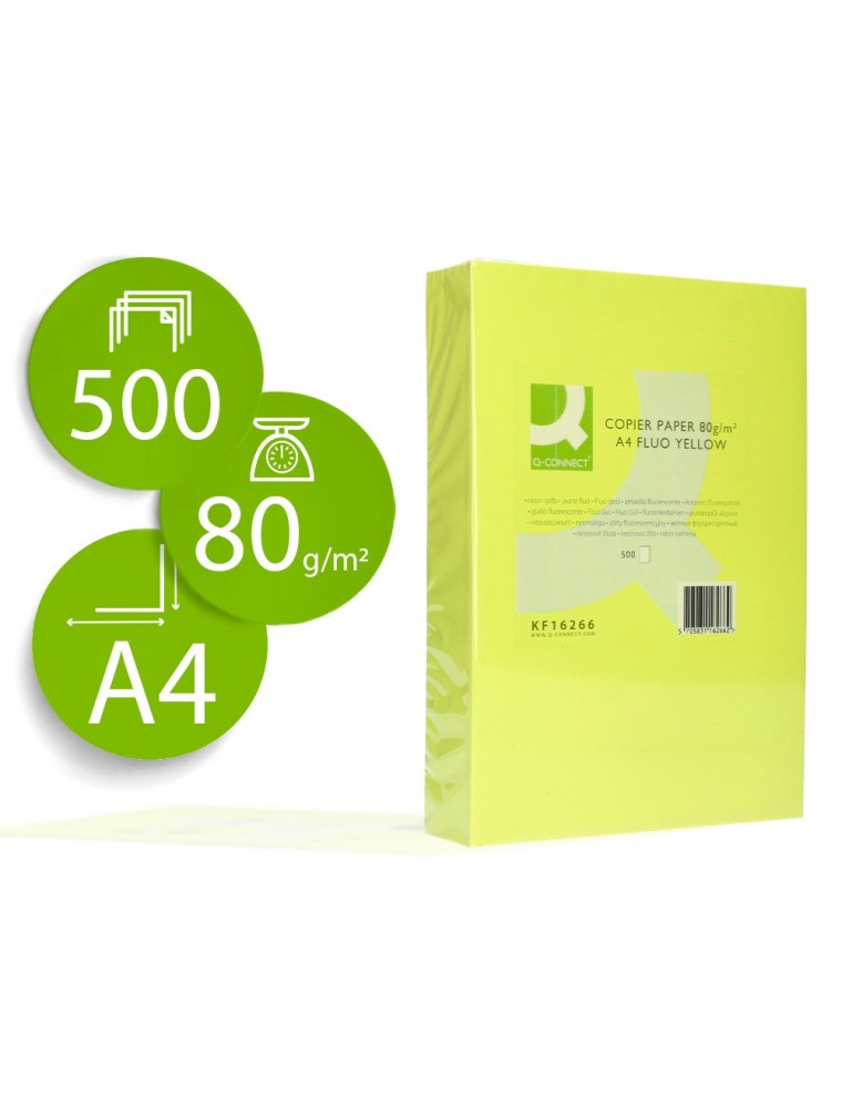 Papel color q-connect din a4 80gr amarillo neon paquete de 500 hojas