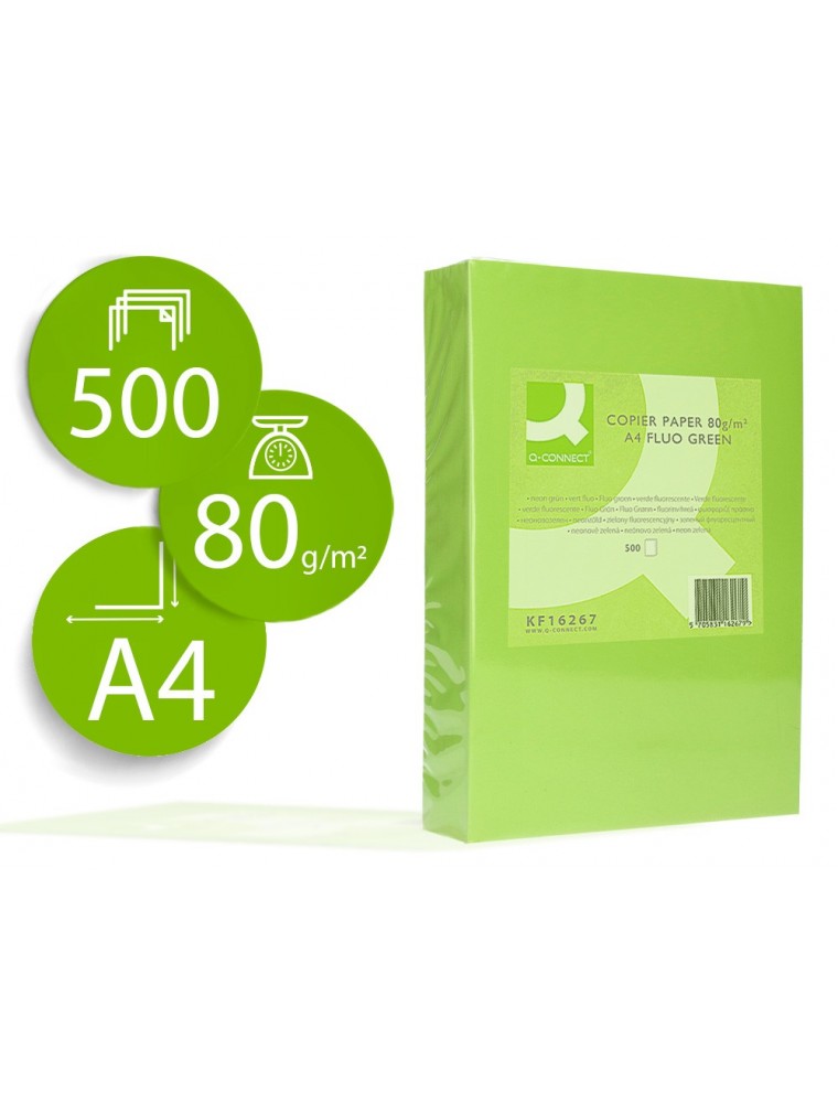 Papel color q-connect din a4 80gr verde neon paquete de 500 hojas