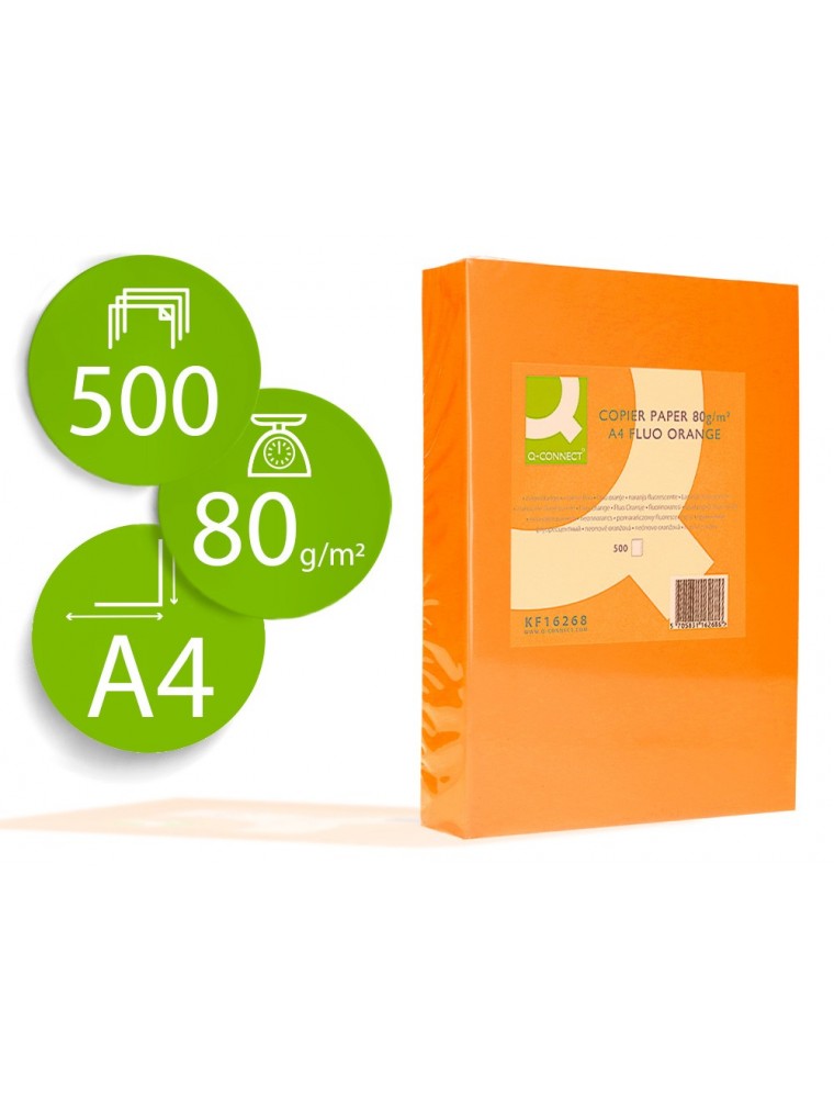 Papel color q-connect din a4 80gr naranja neon paquete de 500 hojas