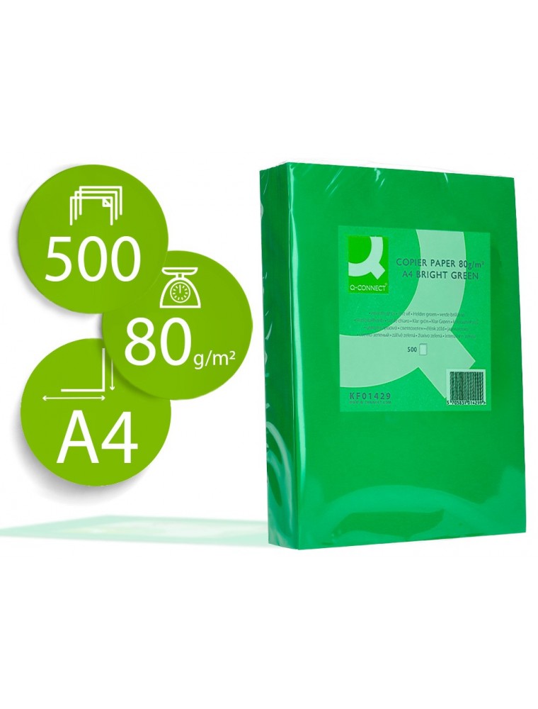 Papel color q-connect din a4 80gr verde intenso paquete de 500 hojas