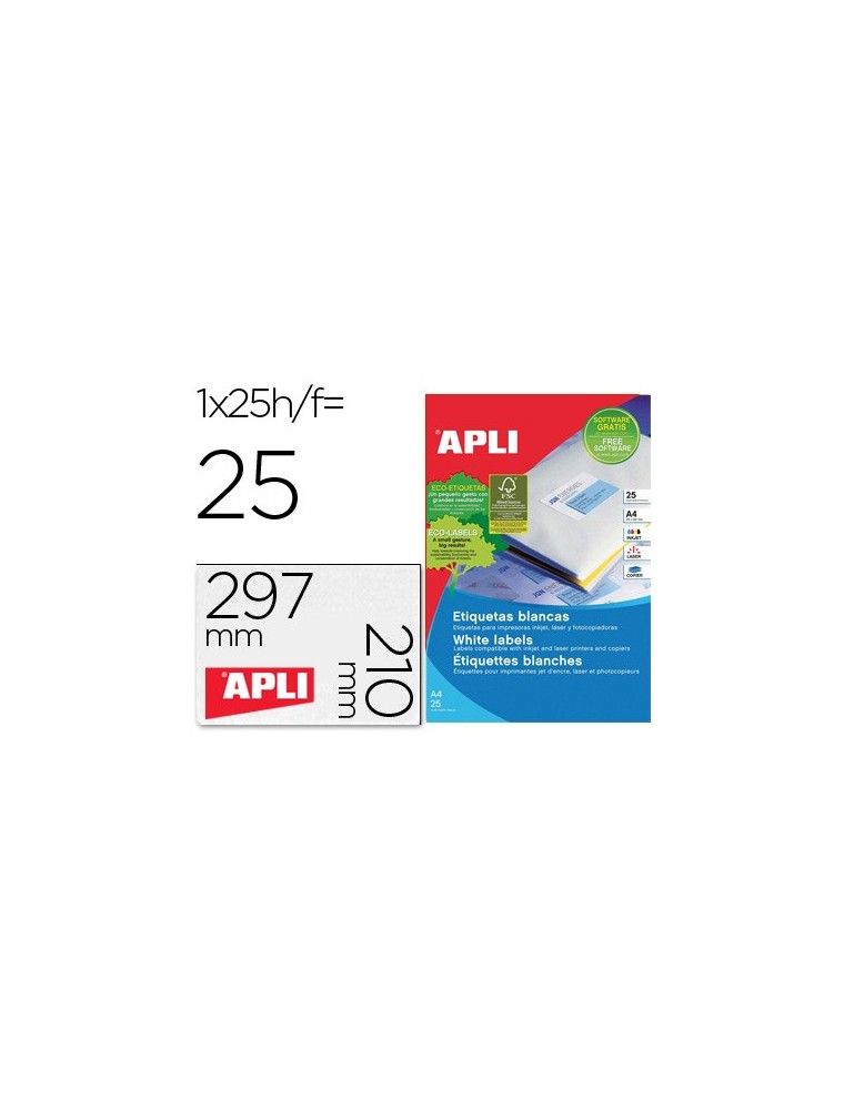 Etiqueta adhesiva apli 1215 tamaño 210x297 mm para fotocopiadora laser ink-jet caja con 25 hojas con 25