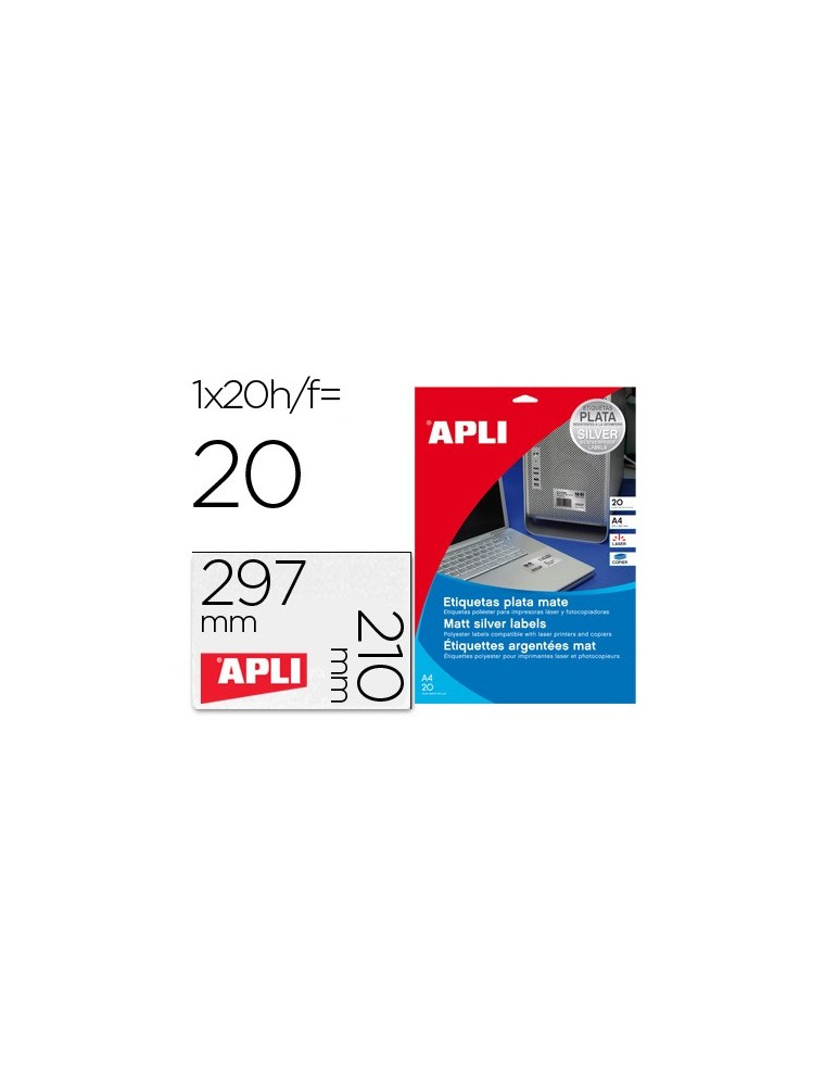 Etiqueta adhesiva apli 10071 metalizada tamaño 210x297 mm para fotocopiadora laser caja 20 hojas con 20