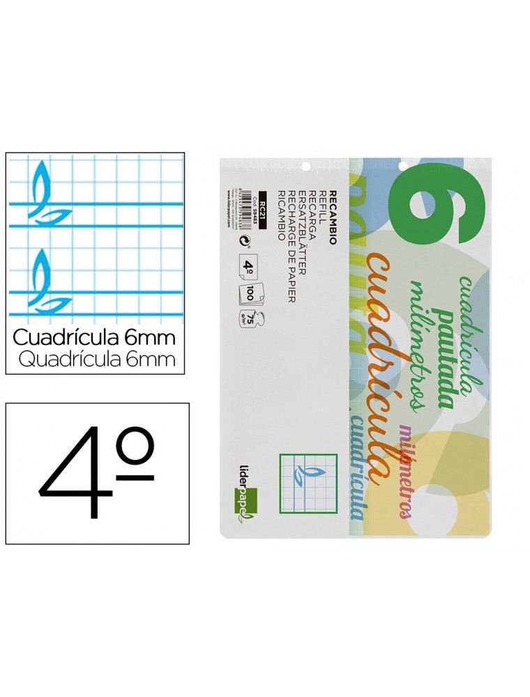 Recambio liderpapel cuarto pautaguia 100 hojas 75 g cuadriculado pautado 6 mm con margen 2 taladros apaisado