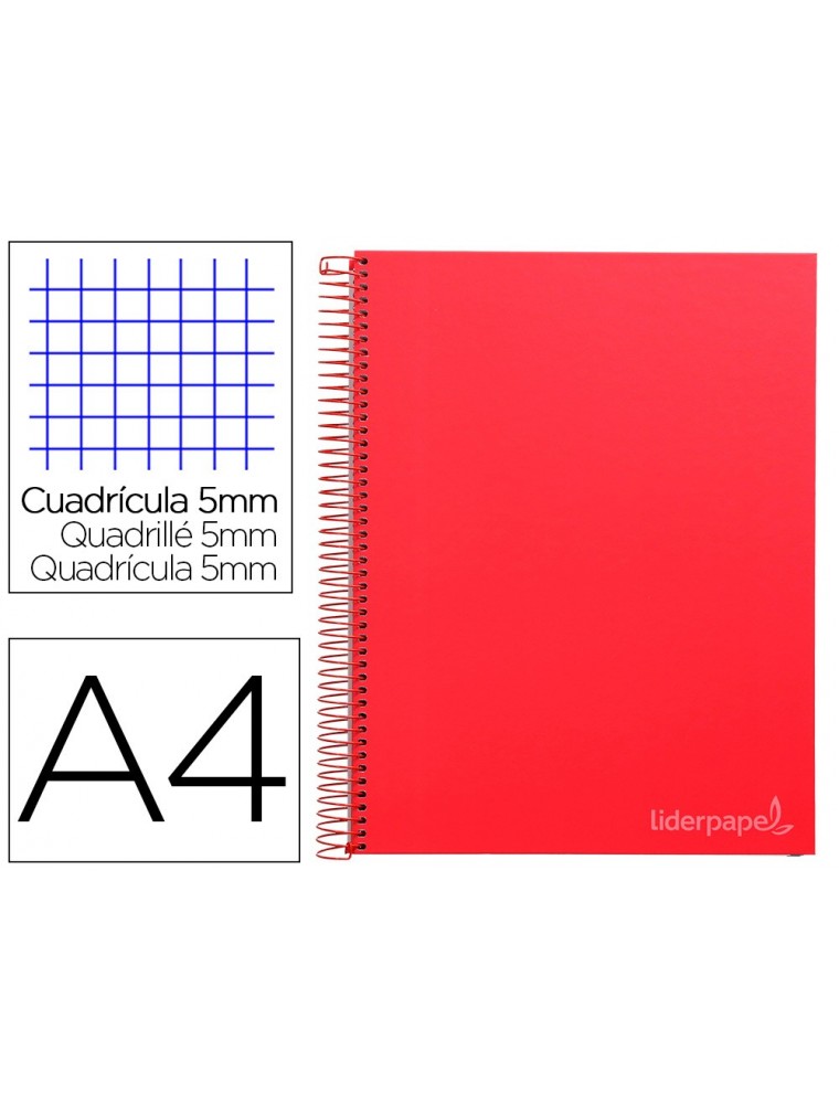 Cuaderno espiral liderpapel a4 micro jolly tapa forrada 140h 75 gr cuadro 5mm 5 bandas 4 taladros color rojo