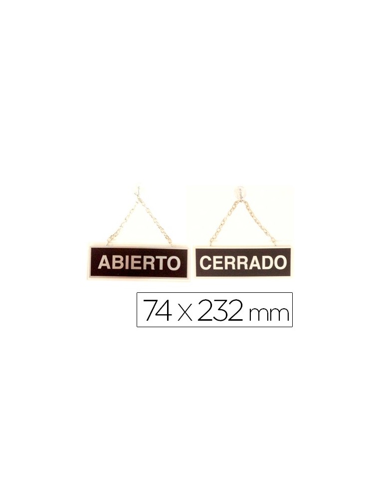 Letrero metalico serigrafiado abierto y cerrado con cadena y ventosa para colgar de 74x232 mm