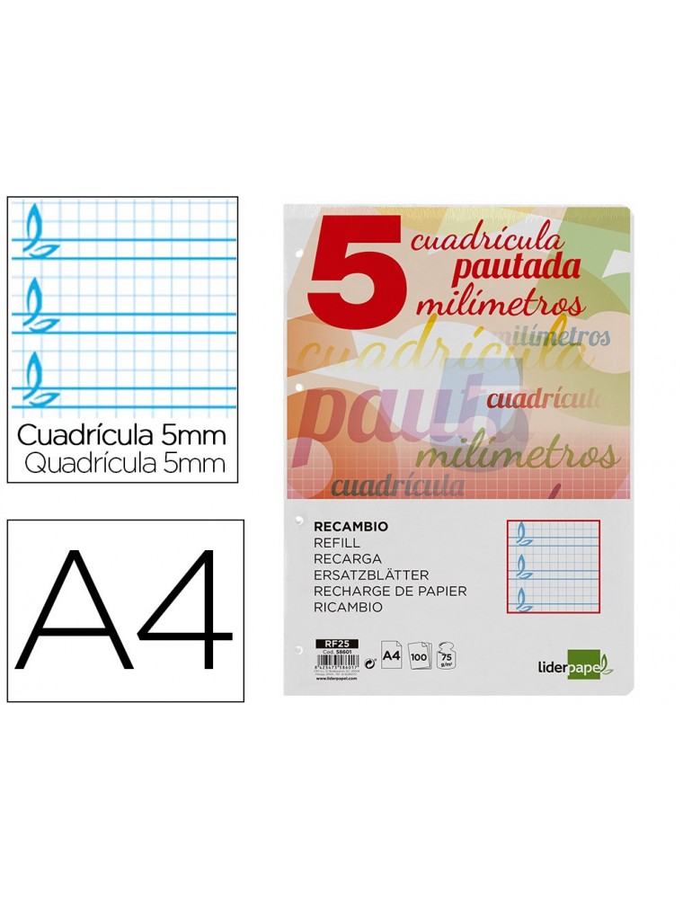 Recambio liderpapel folio pautaguia 100 hojas 75 g cuadriculado pautado 5 mm con margen 4 taladros