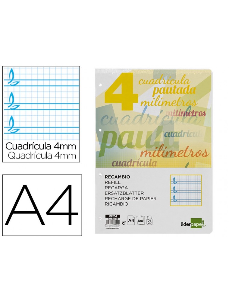 Recambio liderpapel a4 pautaguia 100 hojas 75 g cuadriculado pautado 4 mm con margen 4 taladros