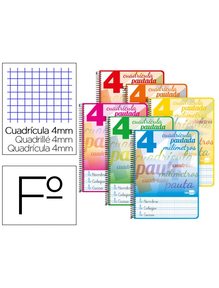 BLOC ESPIRAL LIDERPAPEL FOLIO INSPIRE TAPA EXTRADURA 80H 70 G CUADRICULADO PAUTADO 4 MM CON MARGEN COLORES SURTIDOS