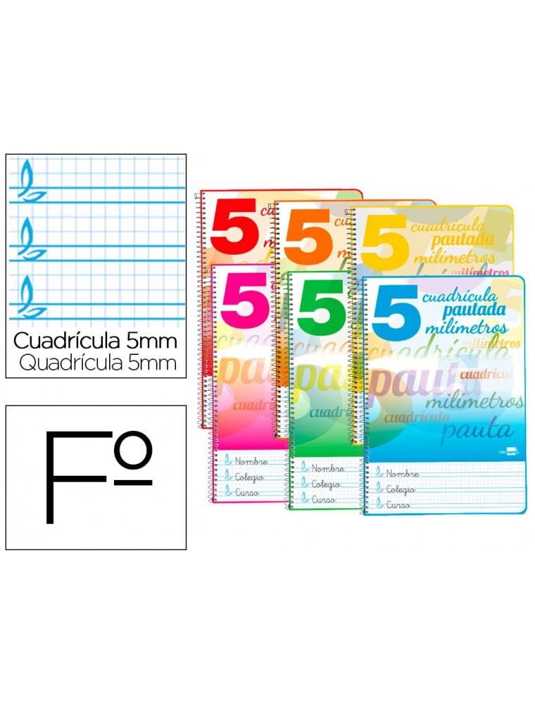 BLOC ESPIRAL LIDERPAPEL FOLIO WRITE TAPA CARTONCILLO 80H 70G CUADRICULADO PAUTADO 5 MM CONMARGEN. COLORES SURTIDOS