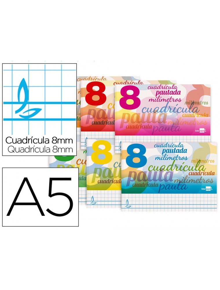 Libreta liderpapel pautaguia tapa cartoncillo 32 hojas din a5 cuadriculado pautado 8mm apaisada 70 gr