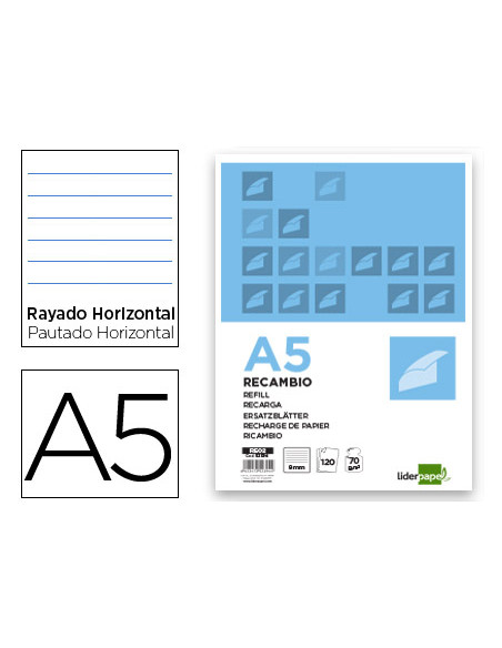 Recambio liderpapel a5 120 hojas 80g/m2 horizontal sin margen 6 taladros bandas de 5 colores