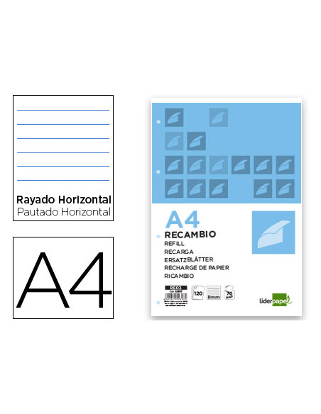 Recambio liderpapel a4 120 hojas 70g/m2 horizontal sin margen 4 taladros bandas de 5 colores