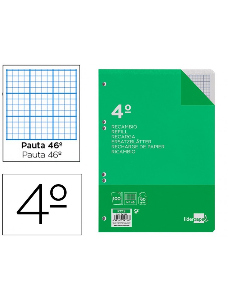 Recambio liderpapel cuarto 100 hojas 60gm2 rayado nº 46 6 taladros