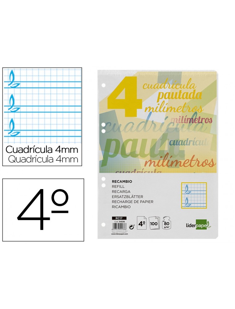 Recambio liderpapel cuarto pautaguia 100 hojas 75 g cuadriculado pautado 4 mm con margen 6 taladros