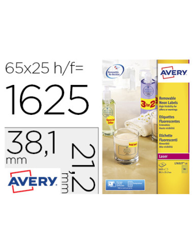 Etiqueta adhesiva avery tamaño 38,1x21,2 mm removible amarillo fluorescente caja de 1625 unidades