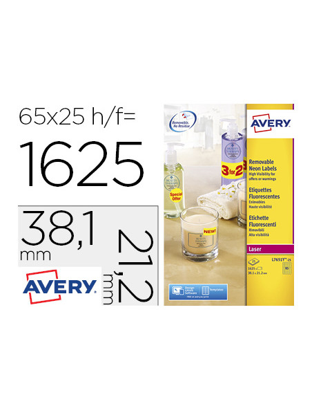 Etiqueta adhesiva avery tamaño 38,1x21,2 mm removible amarillo fluorescente caja de 1625 unidades