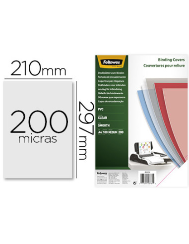 FELLOWES PACK DE 100 PORTADAS PVC TRANSPARENTE CRISTAL A4 200 MICRAS