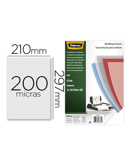 FELLOWES PACK DE 100 PORTADAS PVC TRANSPARENTE CRISTAL A4 200 MICRAS