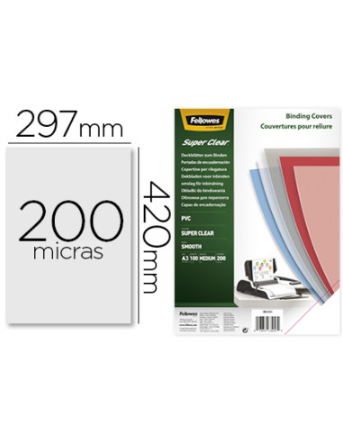 Tapa de encuadernacion fellowes din a3 pvc transparente cristal 200 micras pack de 100 unidades