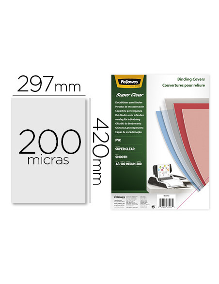 Tapa de encuadernacion fellowes din a3 pvc transparente cristal 200 micras pack de 100 unidades