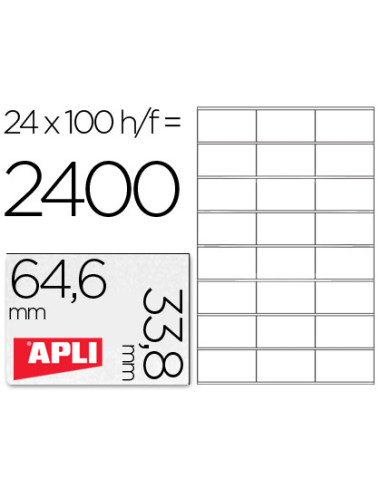 APLI ETIQUETAS ADHESIVAS 64,6X33,8MM INKJET/LÁSER C/RECTOS 24 X 100H BLANCO