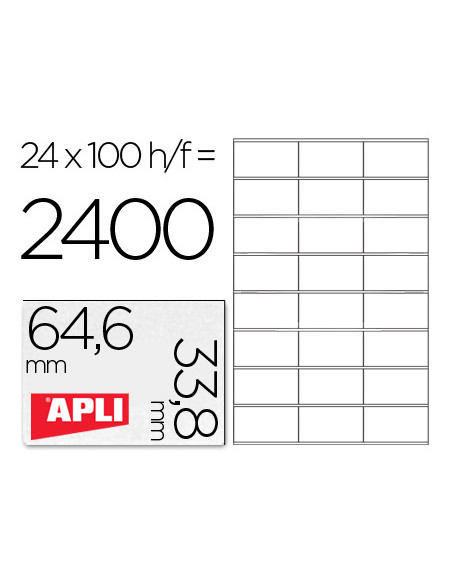 APLI ETIQUETAS ADHESIVAS 64,6X33,8MM INKJET/LÁSER C/RECTOS 24 X 100H BLANCO