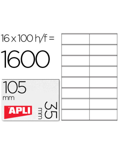 APLI ETIQUETAS ADHESIVAS 105X35MM INKJET/LÁSER C/RECTOS 16 X 100H BLANCO