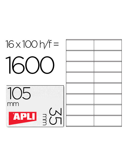 APLI ETIQUETAS ADHESIVAS 105X35MM INKJET/LÁSER C/RECTOS 16 X 100H BLANCO