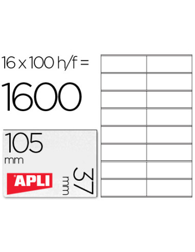 APLI ETIQUETAS ADHESIVAS 105X37MM INKJET/LÁSER C/RECTOS 16 X 100H BLANCO