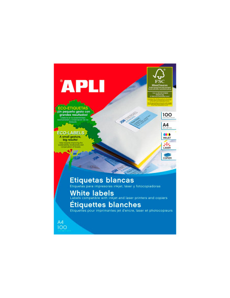 APLI ETIQUETAS ADHESIVAS 210X148MM INKJET/LÁSER C/RECTOS 2 X 100H BLANCO