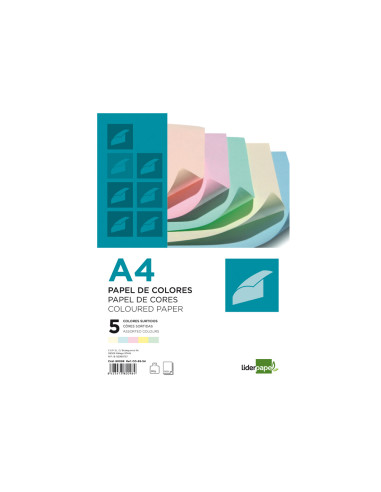 Papel color liderpapel a4 80gr 5 colores surtidos paquete de 500 hojas