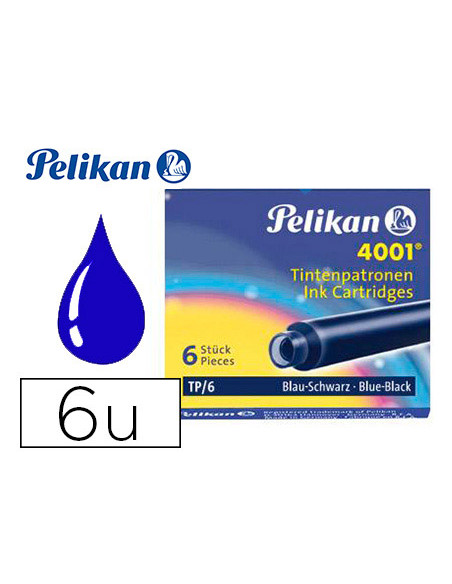 Tinta estilografica pelikan tp6 azul/negro caja de 6 cartuchos