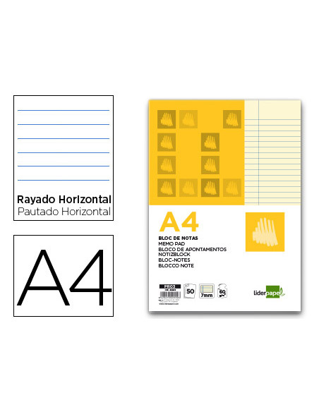 Bloc notas liderpapel horizontal a4 50 hojas amarillas 60g/m2 encolado