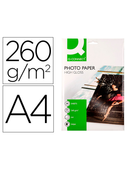 Papel q-connect foto glossy kf02163 din a4 alta calidad digital photo para ink-jet bolsa de 20 hojas de 260 gr