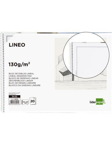 Bloc dibujo liderpapel lineal arquitectura 230x325 mm 20 hojas 130g/m2 con recuadro perforado