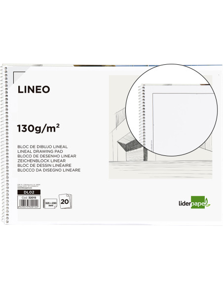 Bloc dibujo liderpapel lineal arquitectura 230x325 mm 20 hojas 130g/m2 con recuadro perforado