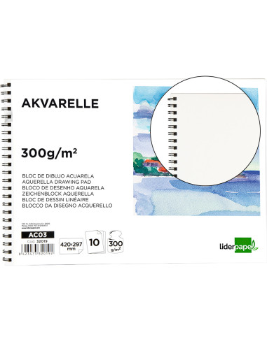 Bloc dibujo liderpapel acuarela espiral 297x420mm 10 hojas 300g/m2 sin recuadro