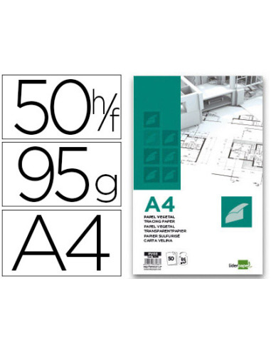 Bloc papel vegetal liderpapel encolado 210x297mm 50 hojas 95g/m2